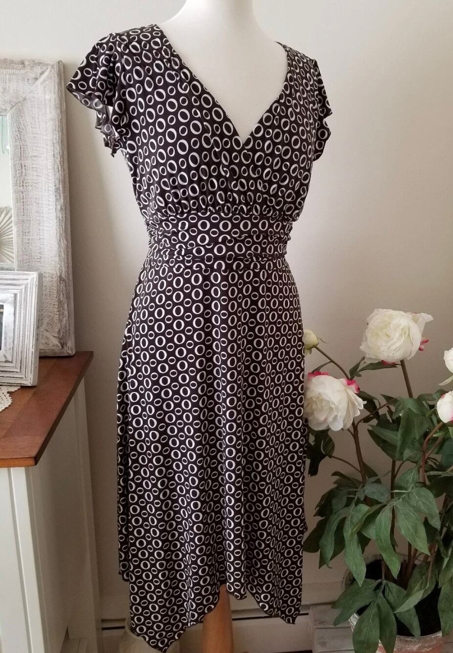 Y2K Volume One Black White Circle Print Midi Dress Flutter Sleeve M